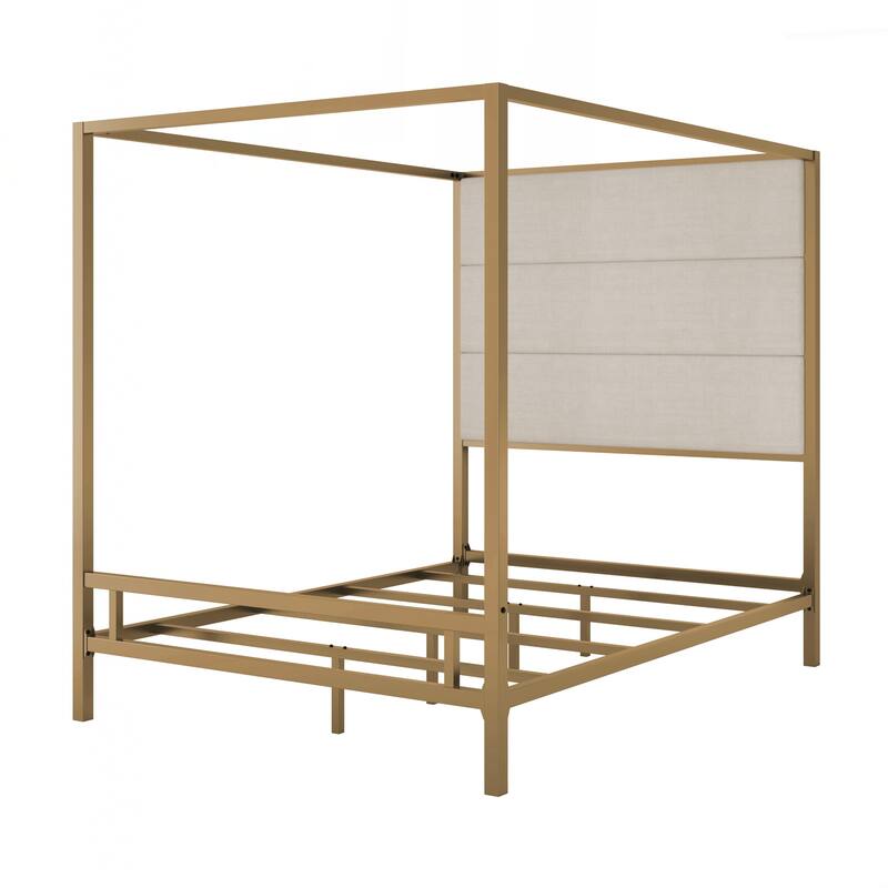 Modern Canopy Bed with 76.5" Tall Fabric Upholstered Headboard Metal 4-Poster Bed Frame