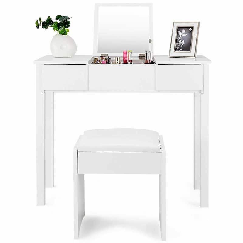 Costway White Vanity Dressing Table Furniture Stool Storage Box