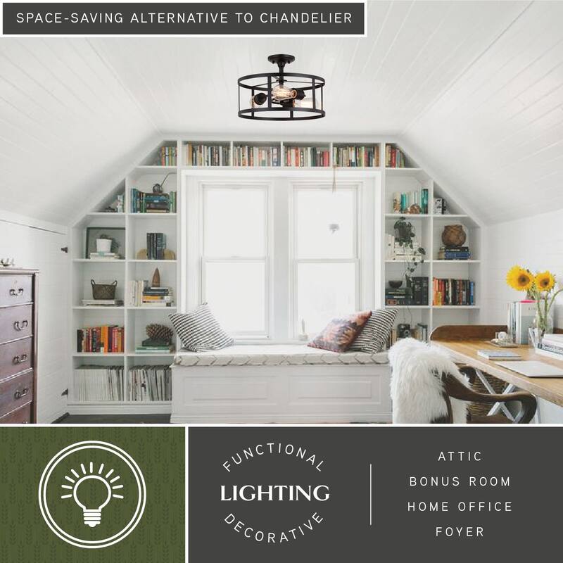 Akron 15-in W Bronze Farmhouse Round Cage Semi Flush Mount Ceiling Light - 15-in W x 10.25-in H x 15-in D