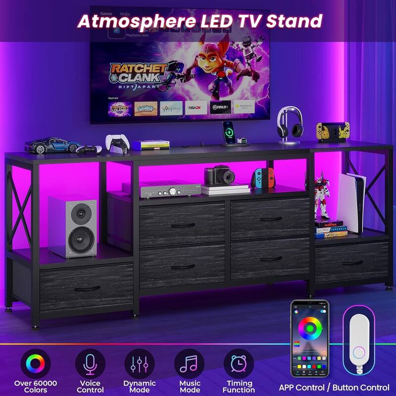 TV Stand with LED Lights Power Outlets Dresser Fabric Drawers Entertainment Center