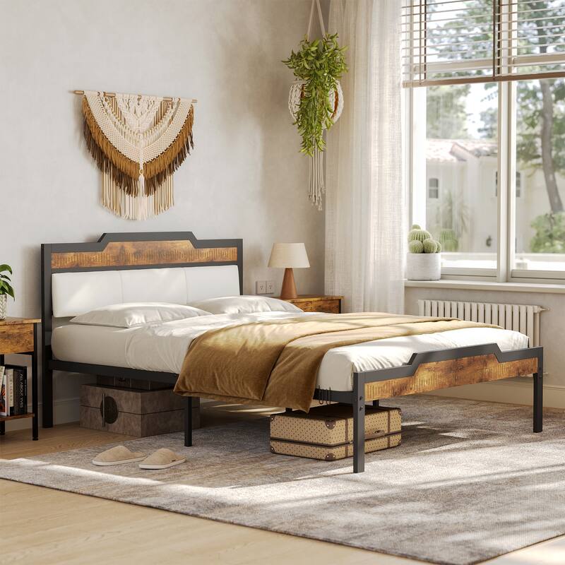 Industrial Design Farmhouse Queen Size Bed Frame with Under-bed Storage, Headboard, and Footboard - Brown