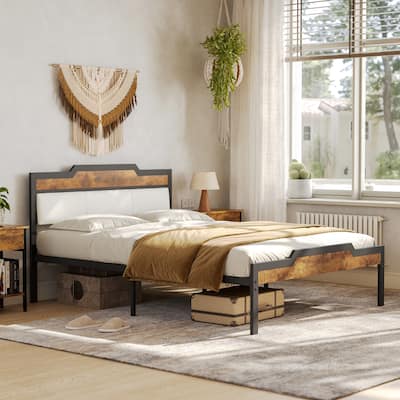 Industrial Design Farmhouse Queen Size Bed Frame with Under-bed Storage, Headboard, and Footboard