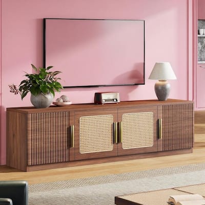 Mid Century Modern TV Stand Walnut Wood Grain with Rattan Weave Six Shelves and Golden Metal Handles - 70.87" x 13.98" x 17.91"