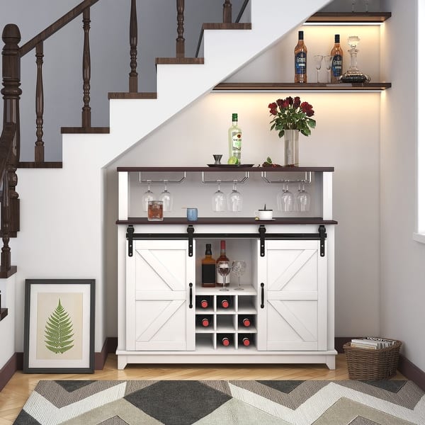 slide 2 of 11, White Sliding Door Coffee Bar Cabinet Sideboard with Wine Bottle Rack White