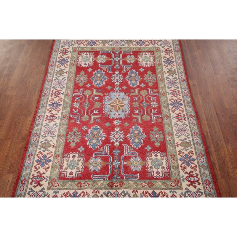 Red Kazak Oriental Accent Rug Hand-Knotted Geometric Wool Carpet - 4'0" x 5'9"