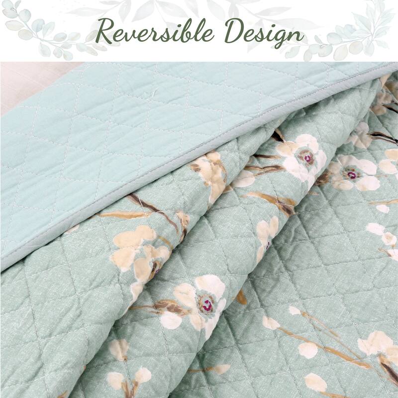Cozy Line Cream Cherry Blossom Floral Cyan Blue Green Quilt Bedding Set