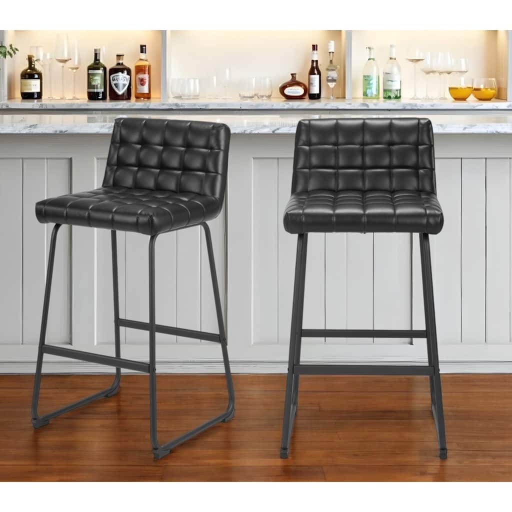 Set of Two 30" Black Faux Leather And Steel Bar Height Bar Chairs