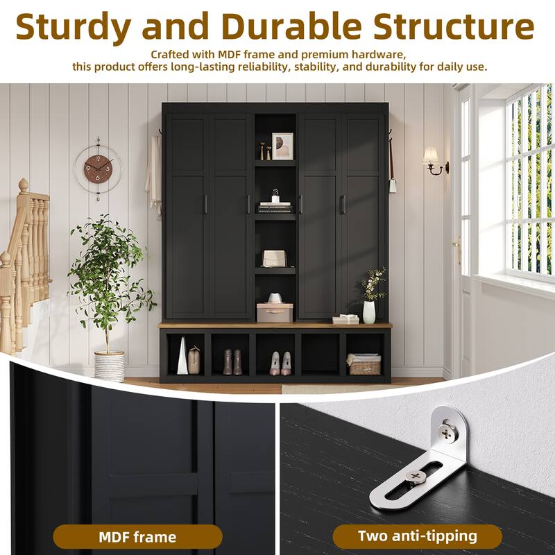 Farmhouse Hall Tree with Bench & 6 Hooks, 62.9"W Shoe Storage, Entryway Organizer for Mudroom, Living Room