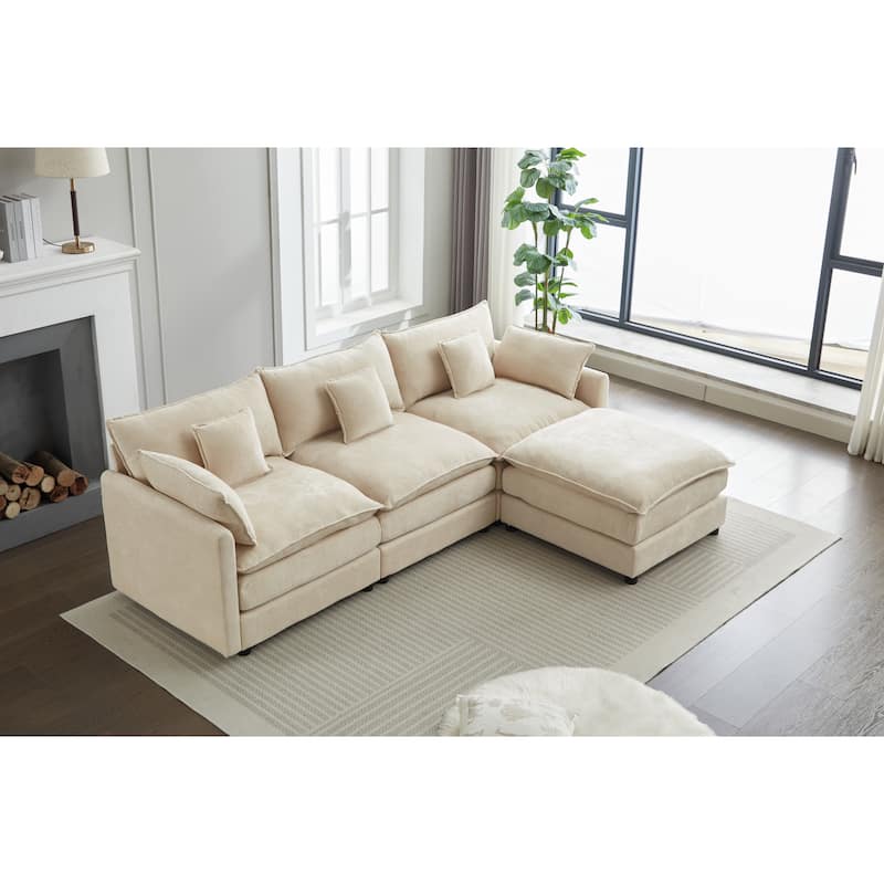 Minimalist Chenille Modular Sectional Sofa, 3-Seater L-Shaped Couch with Movable Ottoman, Upholstered Sofa for Living Room - Beige