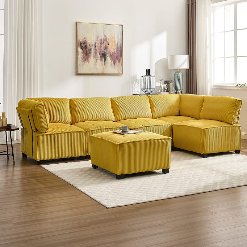 U-Shaped Corduroy Upholstered 6-Seat Convertible Modular Sectional Sofa Fit for Living Room - Mustard Yellow
