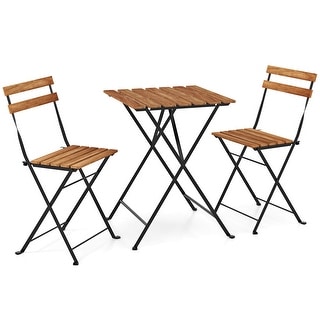Costway 3 PCS Patio Acacia Wood Bistro Set Bistro Table with 2 Folding ...