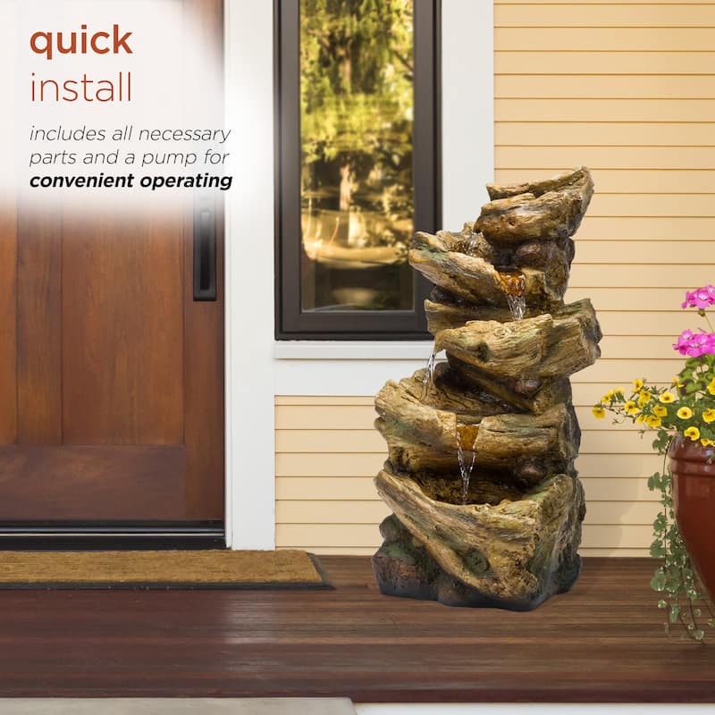 Alpine Corporation 24" Outdoor 4-Tier Log Fountain with LED Lights, Cascading Tree Trunk Feature for Garden, Rustic, Brown