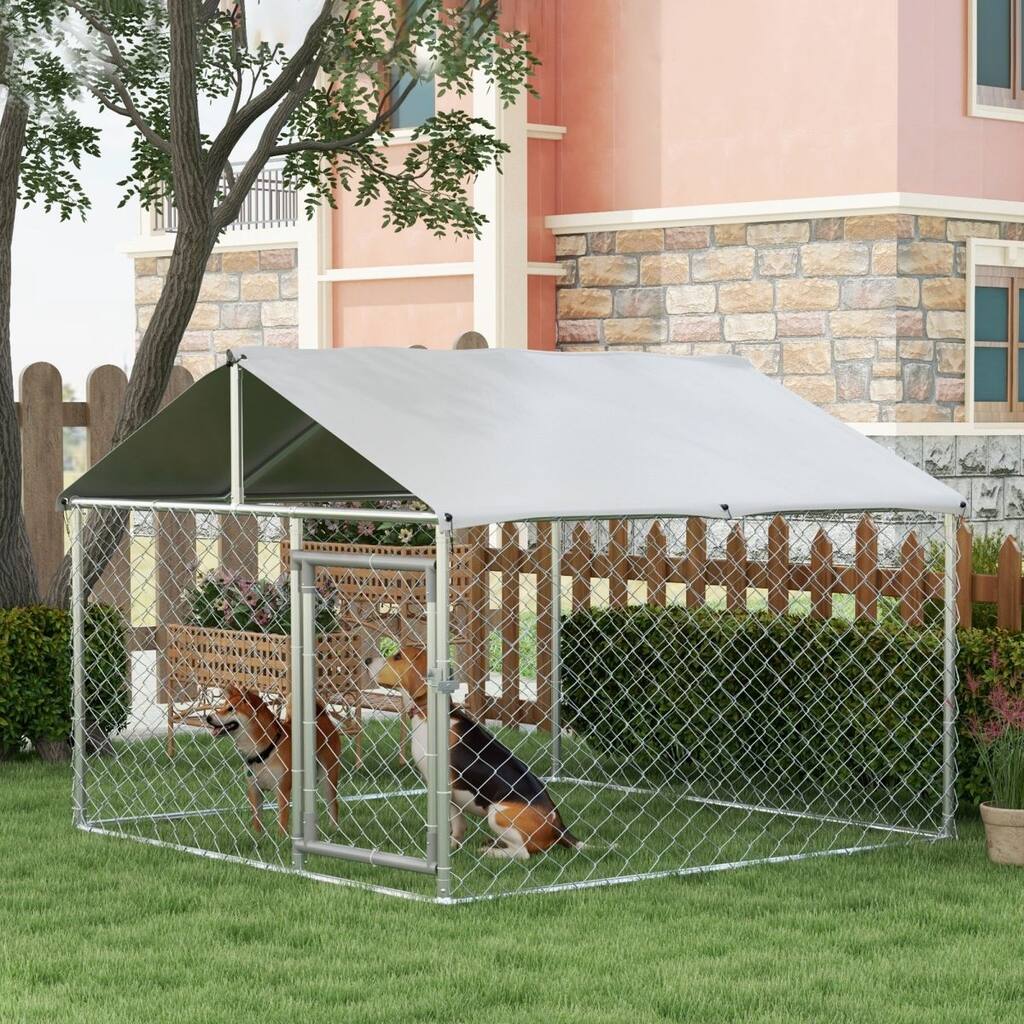 PawHut Large Outdoor Dog Kennel with Roof and Chain Link Fence