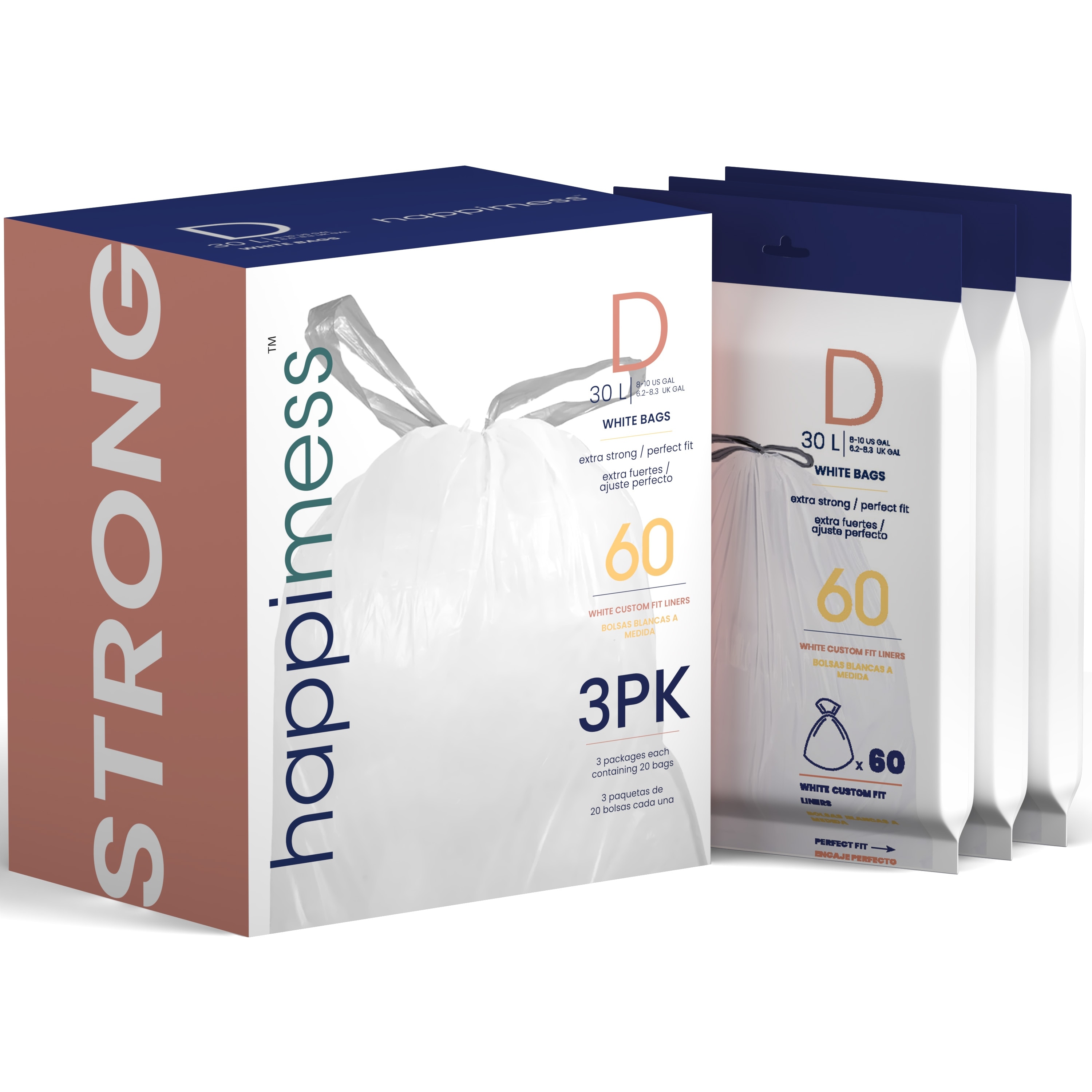 happimess 8-Gallon Drawstring Trash Bags, Unscented, White - (3Pack, 60 Count)