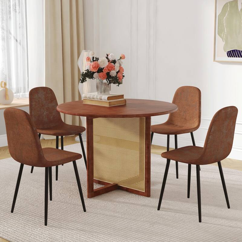 5-Piece Wooden Dining Table Set, Farmhouse Round Dining Table Set with 4 Fabric Dining Chairs for Kitchens, Small Spaces
