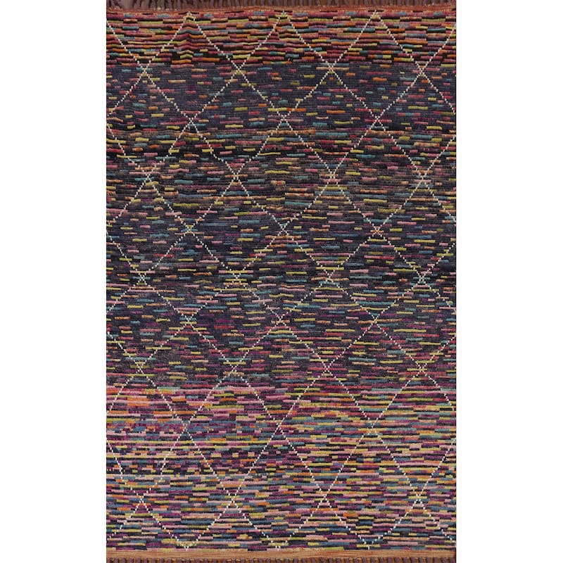Colorful Trellis Moroccan Area Rug Hand-Knotted Wool Carpet - 6'1"x 9'3"