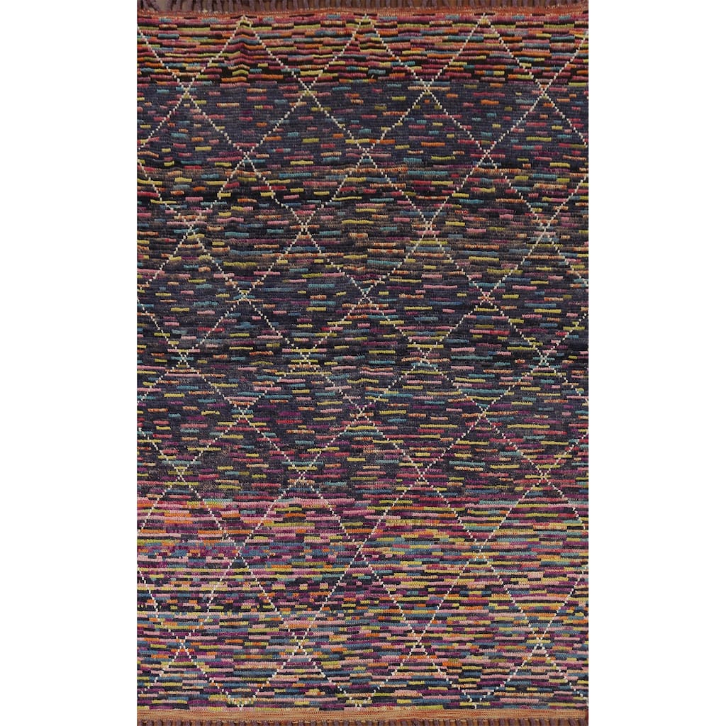 Colorful Trellis Moroccan Area Rug Hand-Knotted Wool Carpet - 6'1"x 9'3"