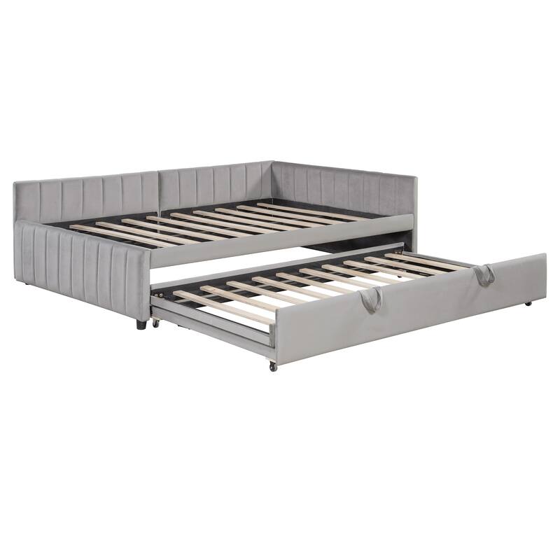 2-in-1 Daybed with Pop Up Trundle Bed, L-Shaped Upholstered Daybed Convertible Platform Bed, Vertical Stripes Frame Sofa Bed