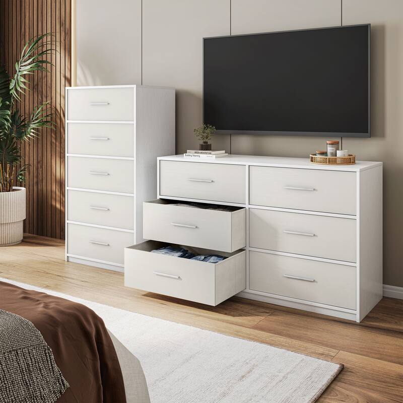 Modern Minimalist 5-Drawer Dresser with Large Fabric Drawers