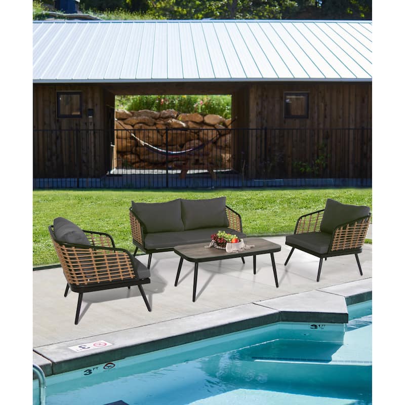 4 Pieces Patio Furniture Set, PE Rattan Wicker 4 Pcs Outdoor Sofa Set w/Washable Cushion