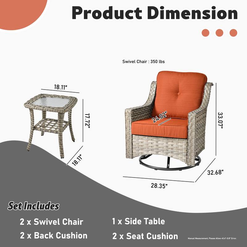 XIZZI 3-Piece Swivel Rocking Chair Rattan Wicker Outdoor Patio Furniture Bistro Set