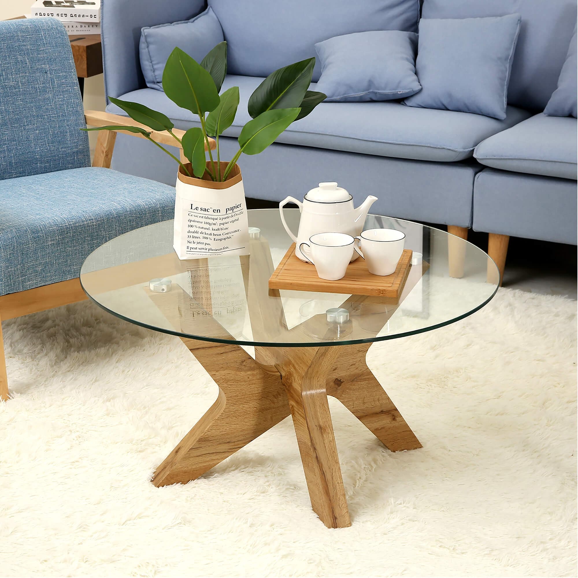 Ivinta Round Glass Coffee Table with Wood Frame 32 inch On Sale Bed Bath Beyond 32547095