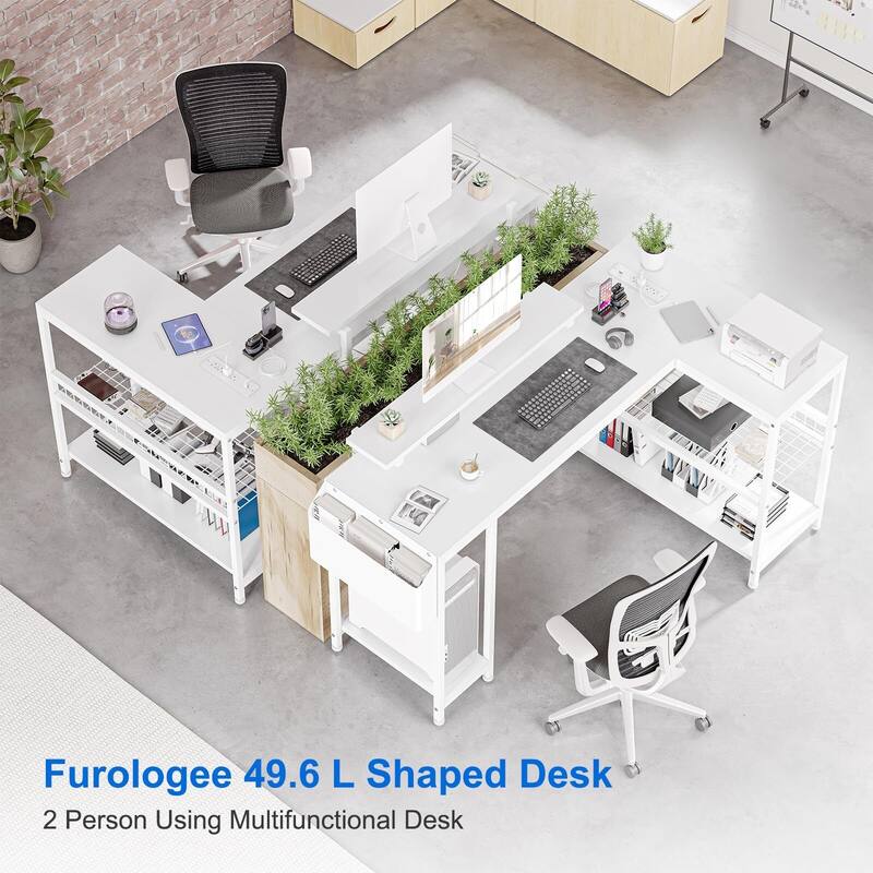 L Shaped Computer Desk with Power Outlets & LED Light, 49.6" Reversible Corner Computer Desk