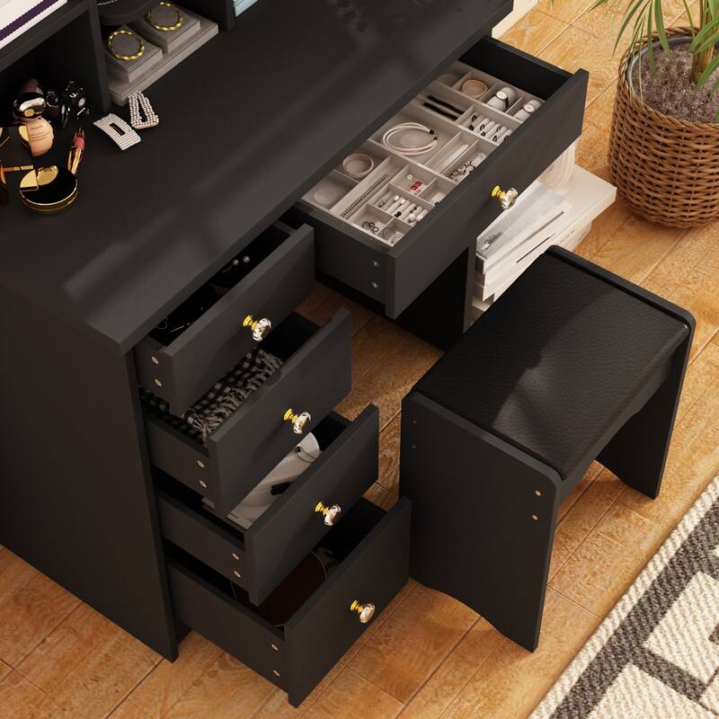 Vanity Desk with LED Lighted Mirror, Makeup Vanity Table with Drawers, Shelves and Stool