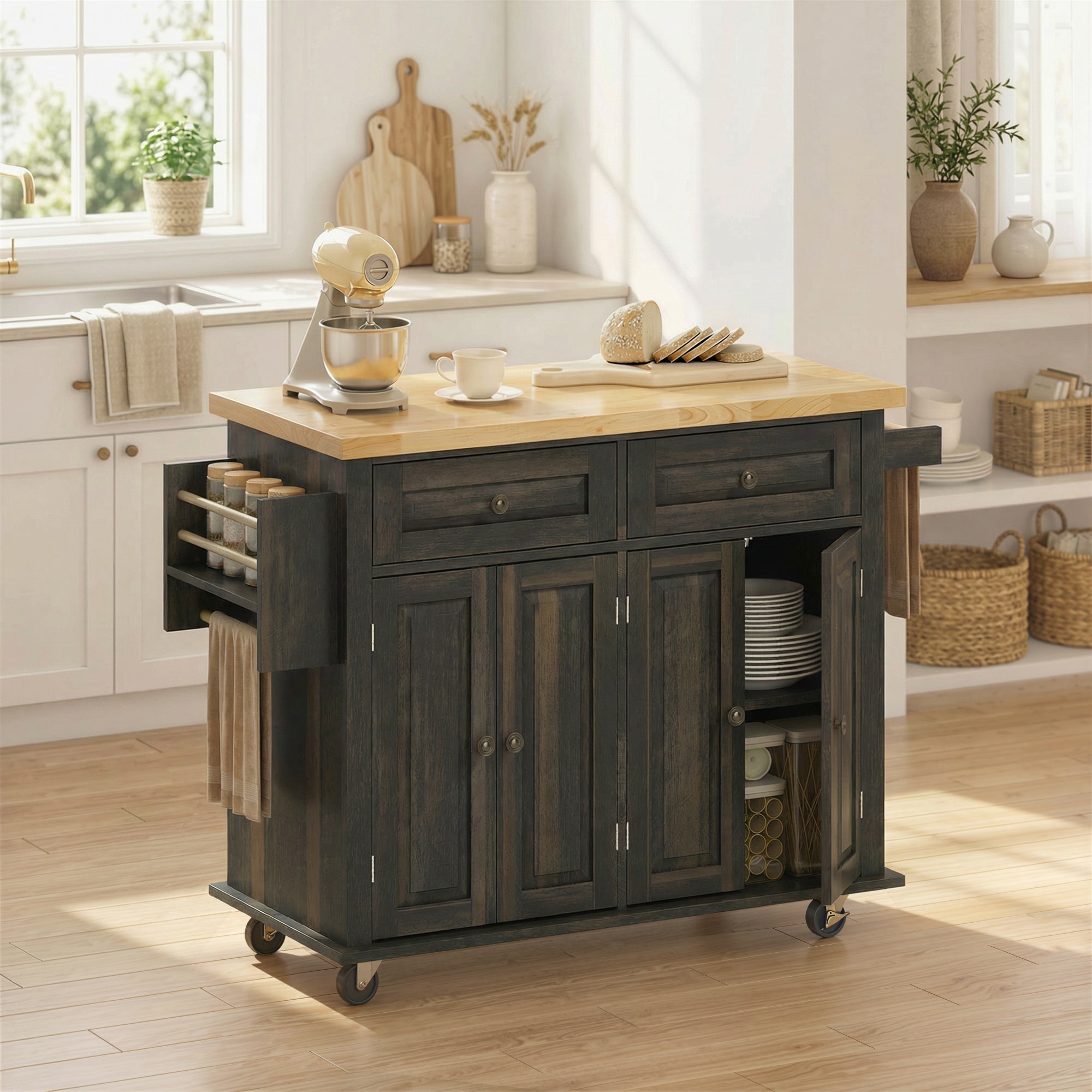 HOMCOM Kitchen Island on Wheels, Rolling Cart with Rubberwood Top, Spice Rack, Towel Rack and Drawers for Dining Room, Brown Oak