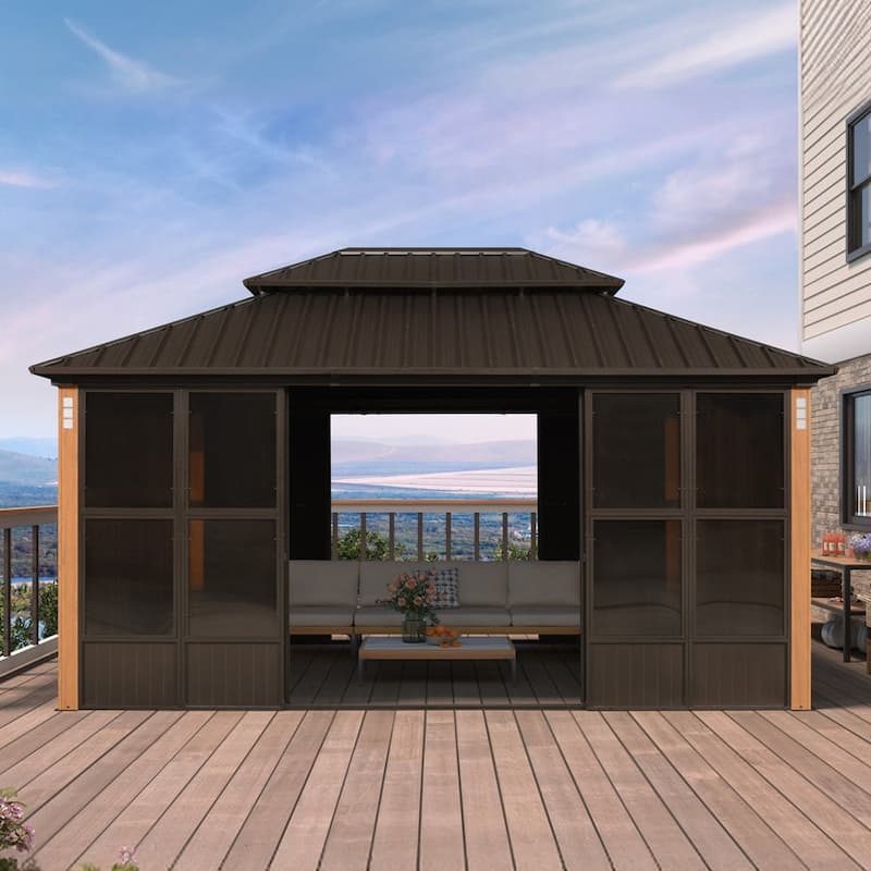 PURPLE LEAF Double Top Outdoor Sunroom All-Weather Screen House Patio Hardtop Gazebo