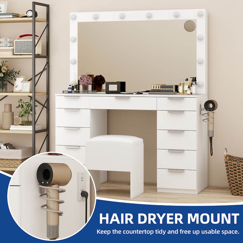 Moasis White 10-Drawer Cosmetic Vanity Desk Set with Glass Tabletop Makeup Vanity with LED Strip