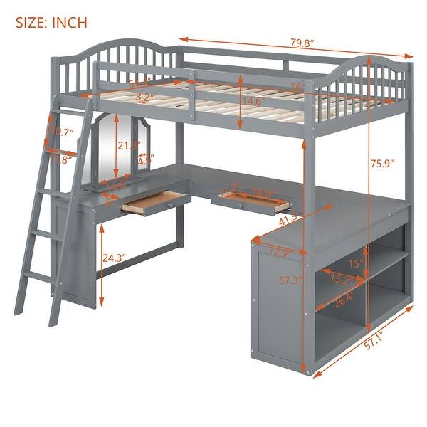 dimension image slide 0 of 2, Solid Wood Loft Bed with Bulit-in U-shaped Desk and 2 Drawers, Full Size Loft Bedframe with Storage Shelves and Tri-fold Mirror