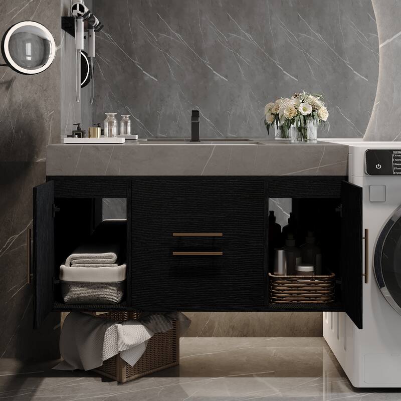 39.4 Inches Single Floating Bathroom Vanity with Faux Marble Top, Ceramic Sink, 2 Multi-layer Solid Wood Drawers & 2 Cabinets - Black+ Gray