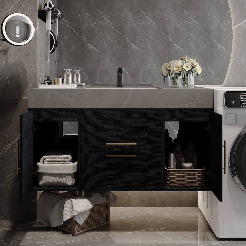 Floating Wall-mounted Bathroom Vanity with Ceramic Sink, Faux Marble Countertop, 2 Cabinets, 2 Drawers and Metal Handles