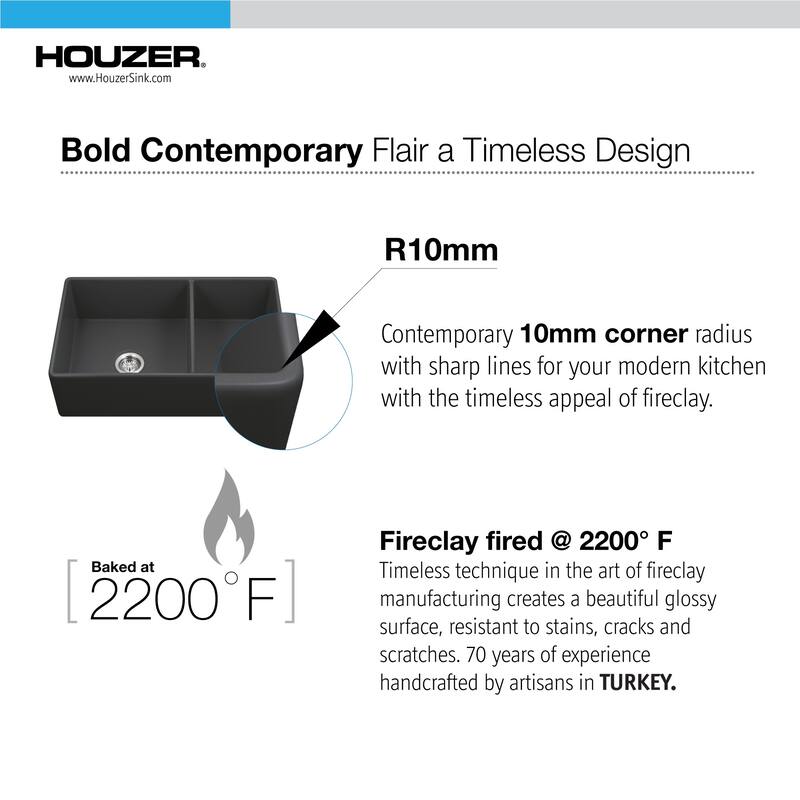 Houzer PTD-6040 Platus 33" Farmhouse Double Basin Fireclay Kitchen