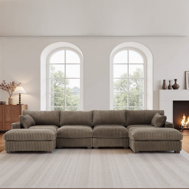 Oversied Plush Corduroy Fabric Modular Sectional Sofa with Chaise, Ottoman
