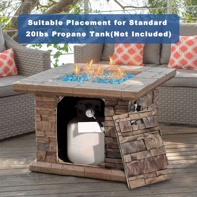 COSIEST Outdoor Square Propane Fire Pit Table w Faux Brown Ledgestone - 32" W x 32" D x 25" H