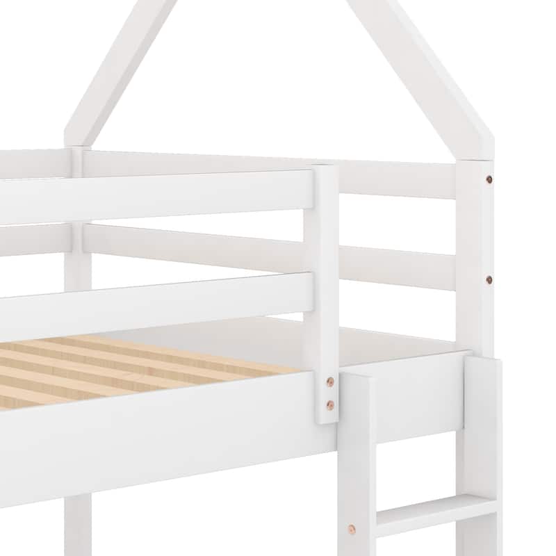 House Shaped Bunk Bed Frame, Solid Pine Twin Bunk Bed with Convertible Ladder, Twin over Twin Floor Bunk Bed Frame