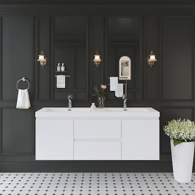 ABRUZZO 60" Floating Bathroom Double Vanity with Integrated Resin Top 2 Basins 2 Cabinets 2 Soft Close Drawers Full Assembly