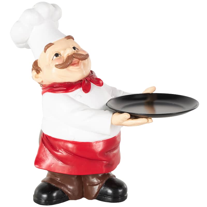 White Polystone Kitchen Decorative Figurine Chef Sculpture with Black Tray - White