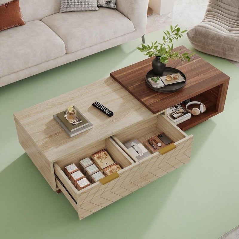 Wood Coffee Table with Expandable Top and 2 Drawers - 42.13 L x 23.62 W x 16.54 H inches