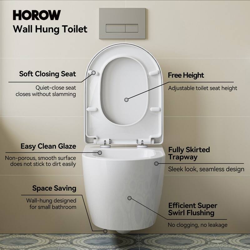 HOROW WaterSence Elongated Compact Wall Hung Toilet Bowl Only in White, Soft Close Seat Included - N/A