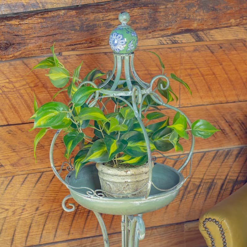 45 Inch Tall Standing Green Iron Birdbath with Ceramic Sailor Ball - 14.57x14.57x44.88