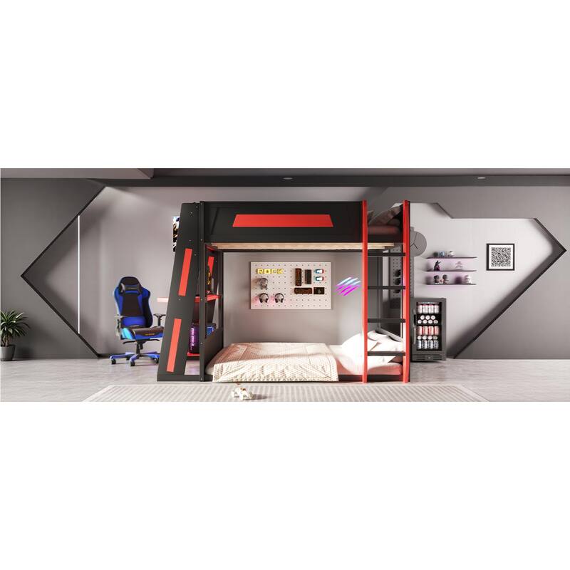 Roomfitters Queen Over Queen Gaming Bunk Bed with Desk, Storage Shelves and LED
