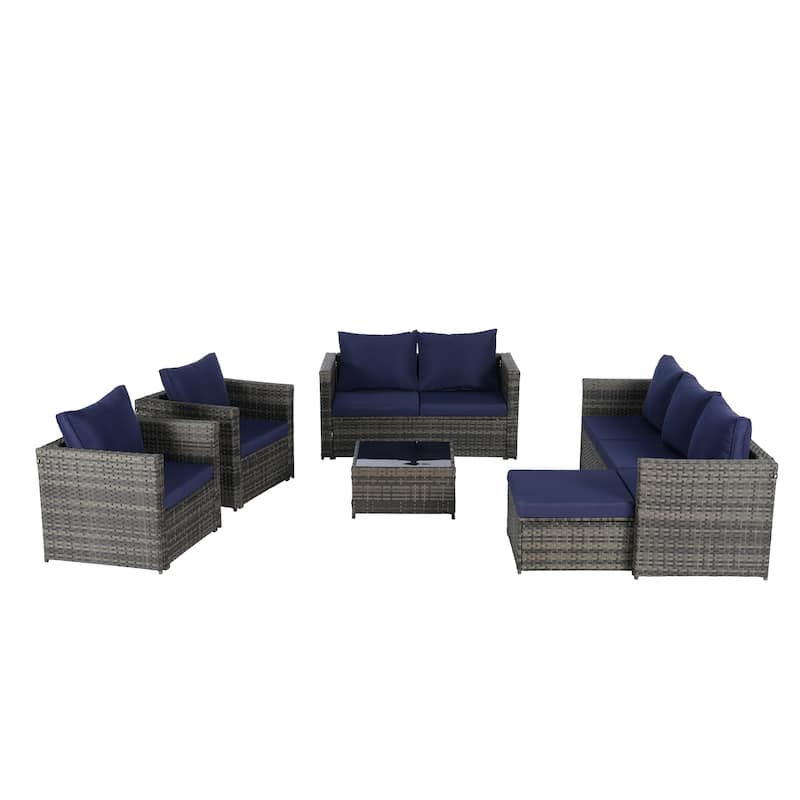 6-Piece Outdoor Patio Rattan Conversation Sectional Sofa Set with Tempered Glass Coffee Table and 2 Armchair
