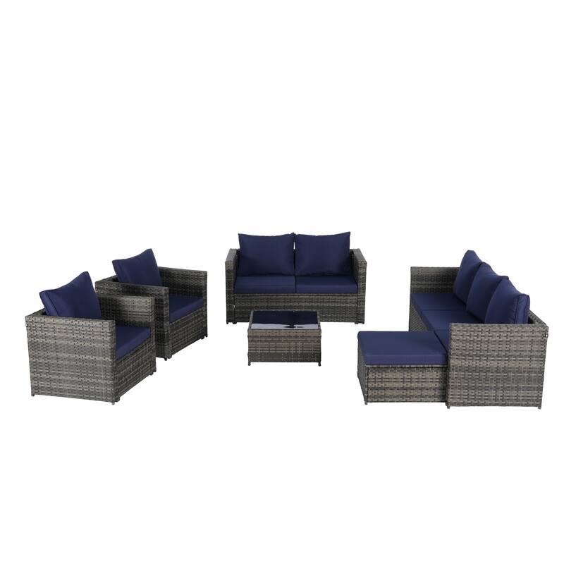 Large Modular Sectional Couch Wicker Rattan Conversation Set All Weather Recliner Couches with Glass Table and Pillows, 6 Piece