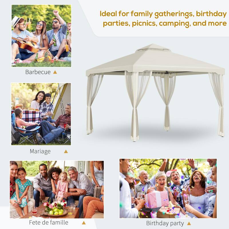 Outsunny 9.5' x 9.5' Patio Gazebo Outdoor Pavilion 2 Tire Roof Canopy Shelter Garden Event Party Tent Yard Sun Shade Steel Frame
