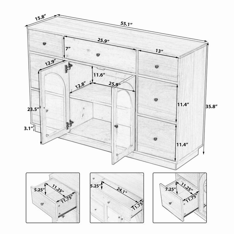 55.1" Large Storage Cabinet with 2 Doors and 7 Drawers for Living and Dining Room Organization