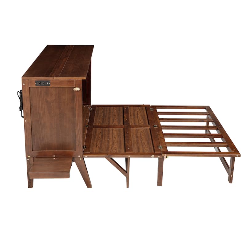 Murphy Bed with USB Port and Removable Shelves on Each Side, Solid Pine Murphy Cabinet Bed - Walnut