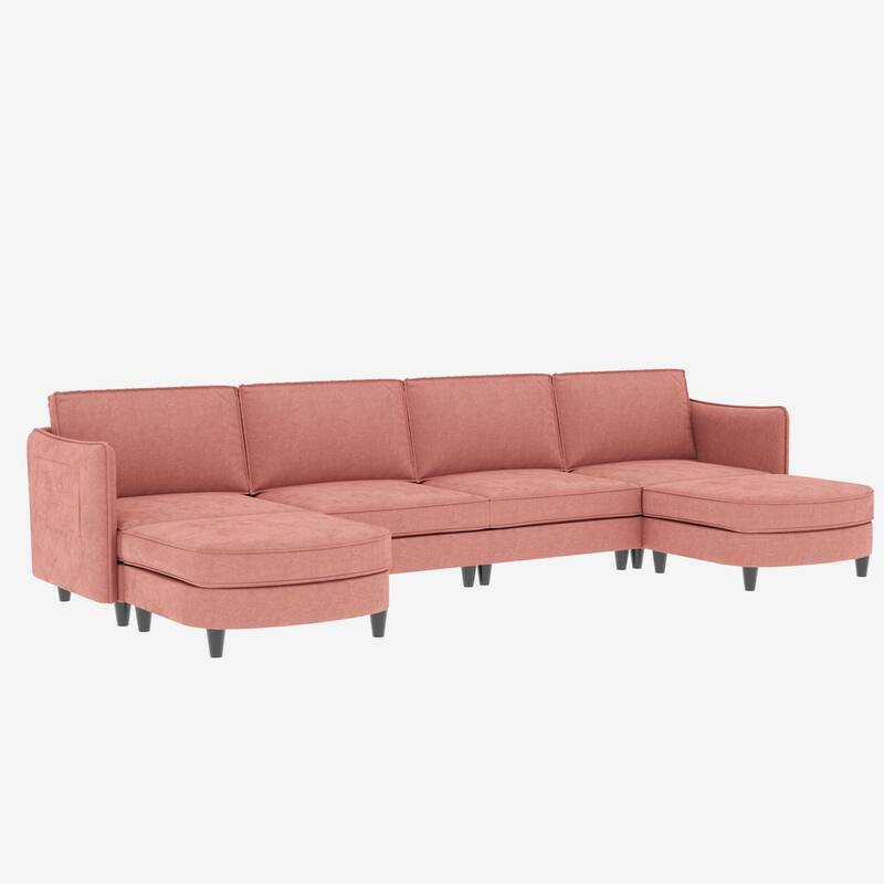 141.5'' 6 Seater U-Shaped Red Fabric Sofa with Movable Ottoman & Arm Pockets for Living Spaces